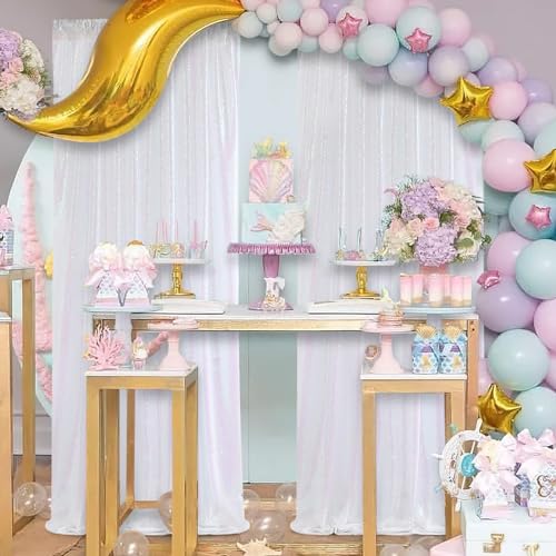 Image of SoarDream White Iridescent Sequin Backdrop Curtains 6 Pieces 2ft x 8ft Sequin Fabric Backdrop Glitter Drapes Baby Shower Background Christmas Party Decoration