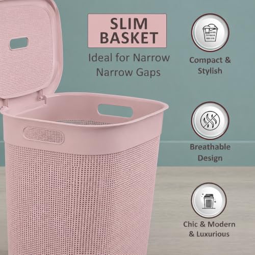 Image of KITCHIVO Plastic Large 55 Ltr Laundry Basket with Lid & Handle | Multipurpose Hamper Bins Storing Washable Clothes, Blankets | Household Ideal for Home & Bathroom (Woods Blush Pink)