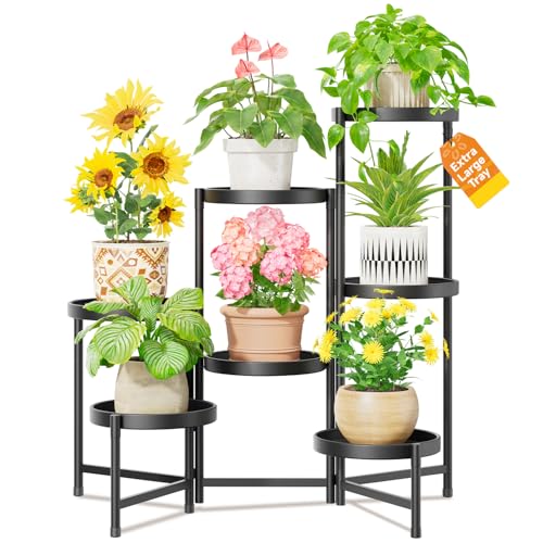 LASZOLA 7 Tier Large Plant Stand Indoor Tall with 10 Inch Metal Tray, Corner Folding Flower Display...