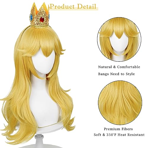 Blonde Wavy Princess Wig for Adult, Long Golden Cosplay Wigs + Crown Brooch Earrings Accessories + Wig Cap for Halloween Costume Party2