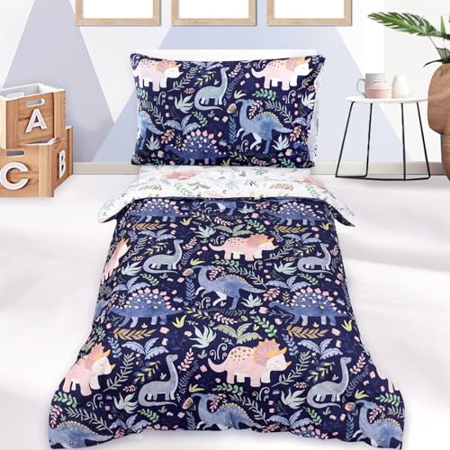 Image of Pea Pod 4 Piece Dinosaur Toddler Bedding Set for Boys, Premium Blue Toddler Comforter Set Crib Sheets Set Includes Flat Top Sheet, Fitted Sheet, Comforter, Envelope Pillowcase,Ultra Soft