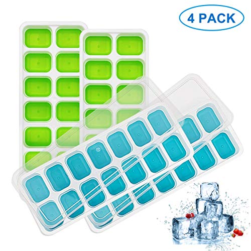 SIMUER 4 Pack Ice Cube Trays with Lid, Silicone Ice Cube Molds, 14-Ice Trays Can Make 56 Ice Cubes, Stackable Durable (Blue & Green)