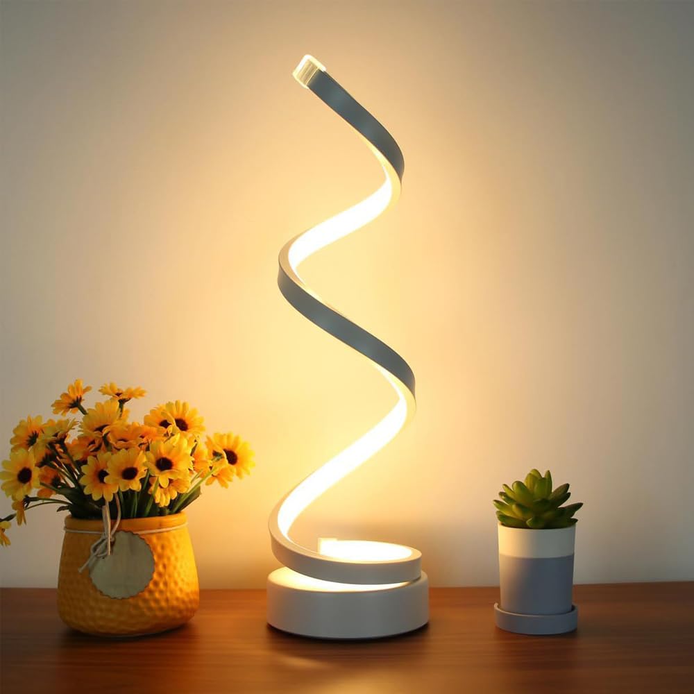 Mengjay Lámpara de Mesa LED en Espiral,Moderna Lámpara de Cabecera para Dormitorio,Proteccion ocular LED Lámpara de Noche,Decoración Lámpara de Escritorio para Dormitorio Sala de Estar (Blanco)