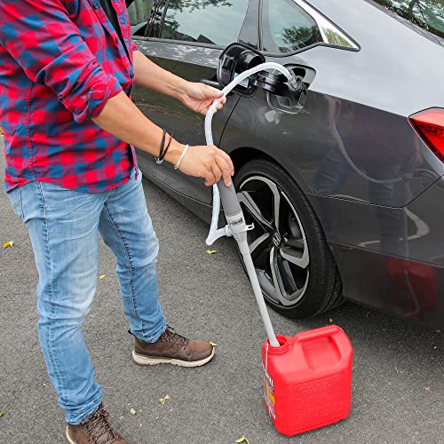 Image of Deway Fuel Transfer Pump WAYPUMP07, D Battery, Extra Long Hose, Gray, Large | Stop Lifting Heavy Cans, One Hand or Hands Free, Gas Can Pump, For Gasoline, Diesel & Water, For ATVs, Mowers & Generators