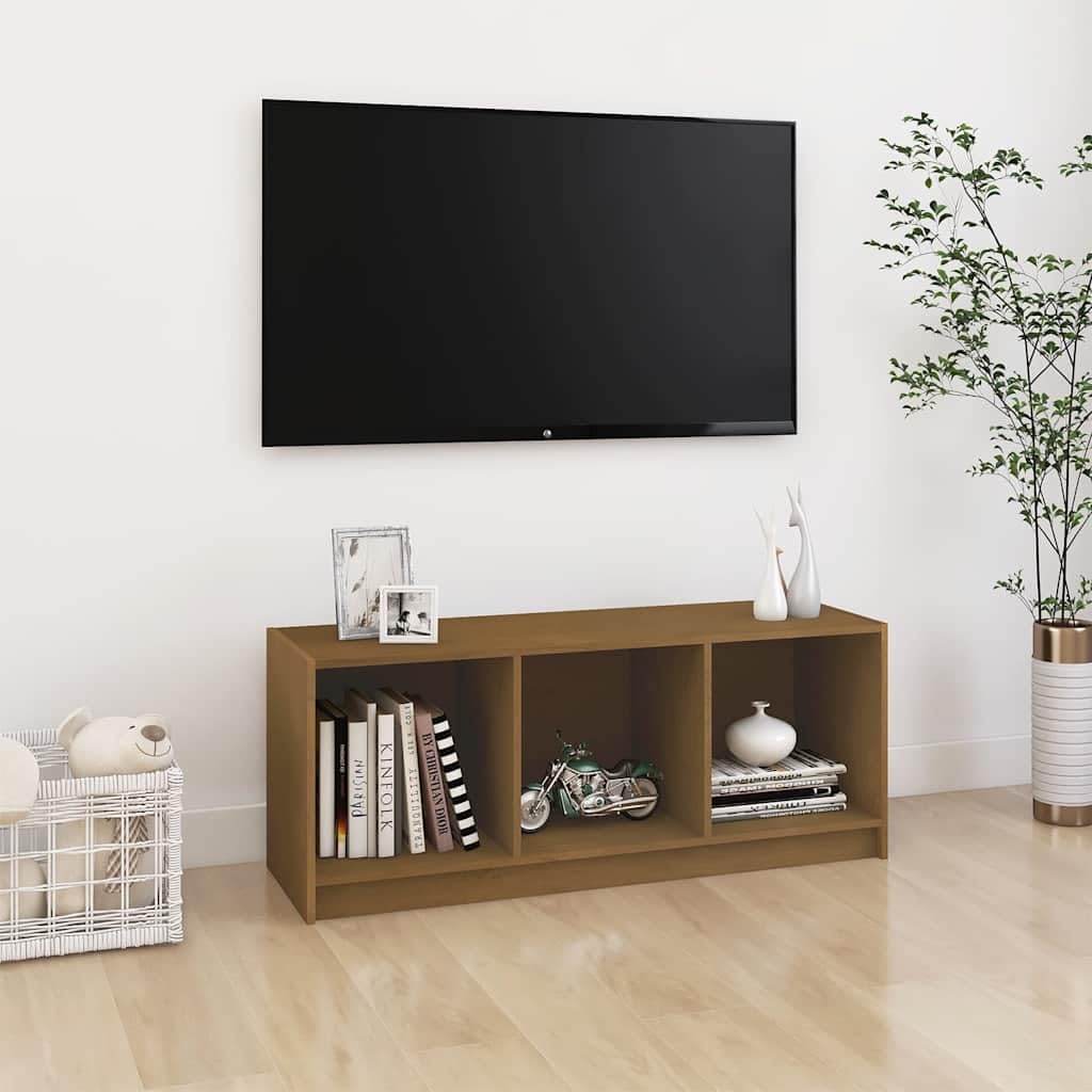 Szafka pod telewizor miodowo-brązowa, 104 x 33 x 41 cm, wykonana z litego drewna sosnowego, szafka pod telewizor, schowek do salonu, kina domowego