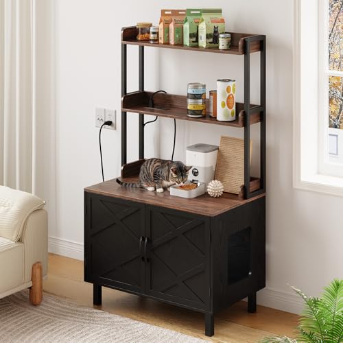 Image of ONBRILL 55 Inches Cat Litter Box Enclosure with 2 Storage Shelves, Black
