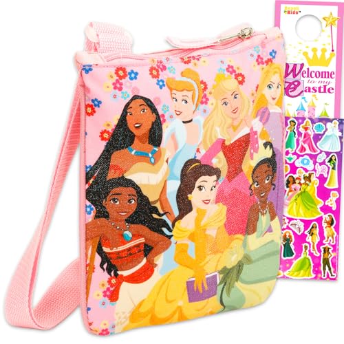 Disney Princess Crossbody Purse for Kids - Handbag Bundle with Crossbody Bag for Girls Featuring Belle Cinderella Moana More Plus Stickers | Disney Princess Accessories Multicolor