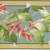 CONCORD WALLCOVERINGS ™ Retro Tropical Landscape Wallpaper Border Featuring Flowers and Big Leaves on a Baby Blue Background, Colors Blue Green Pink, Size 9 Inches by 15 Feet NG8058B