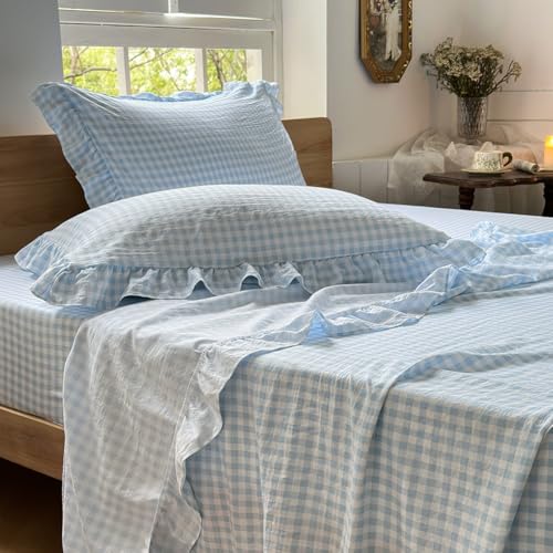 NSNLGSGC Light Blue Gingham Ruffle Queen Sheet Set, Blue Soft Pre-Washed Microfiber Plaid Queen Bed Sheets, 4-Pieces Farmhouse Sheet Set with Deep Pocket