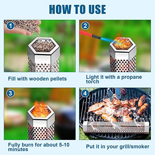4 Pcs Pellet Smoker Tube 12 Inch Stainless Steel BBQ Wood Pellet Tube for Smoking with Cleaning Brush and 8 S Shape Hooks for Hours of Billowing Cold Hot Smoking