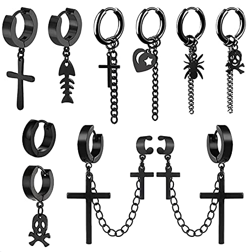 Black Hoop Dangle Earrings for Men Women,Eboy Earrings,Ear Cuff Chain Dangle Earrings,Huggie Hinged Hoop Dangle Earrings Stainless Steel Cross Star Moon Spider Skeleton Skull Earrings Set (A)