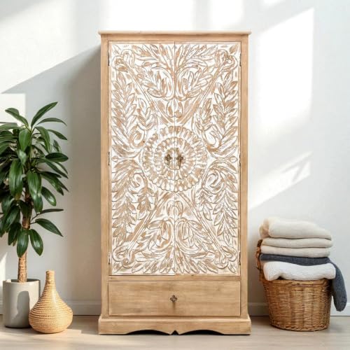 Image of The Attic Jodhpur Carving Wardrobe, Solid Wood Multiple Utility Storage, Cupboard Organiser, Clothes Organizer, Wardrobe for Clothes Wooden, almirah for Clothes Wooden, Natural + White Matte Finish