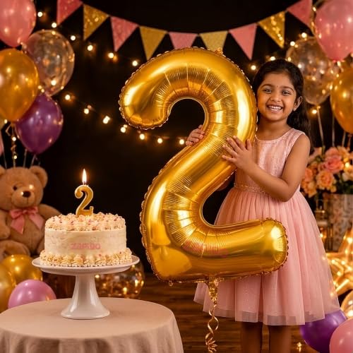 Image of Balloonistics Gold 40-Inch Foil Number 2 Balloon with Matching Number Candle - Combo Set for 2nd Birthday, Anniversary, Party Decoration, Photo Booth Backdrop, Cake Table Decor