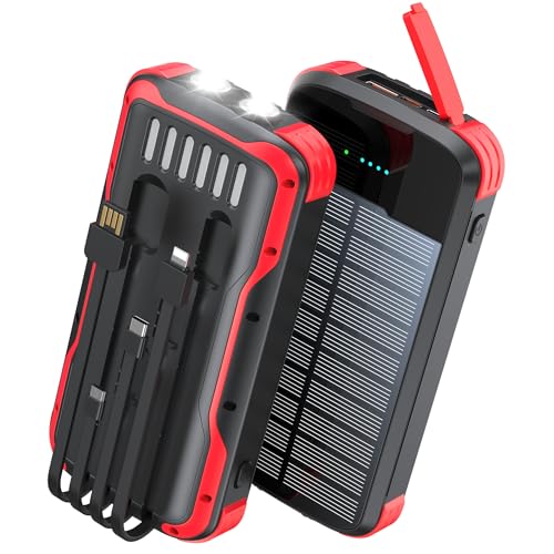 SOXONO Solar Charger Power Bank, PD 20W Fast Charging External Batter, 40000mAh Portable Phone Charger Built in 4 Cables with Dual Bright Flashlights for Camping, Hiking, and Outdoor Use（RED）