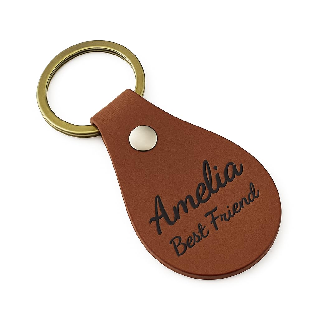 Laser-Engraved Keychain – Wooden or Leather Keyring in Heart, Circle, or Oval Shape – Unique Gift for Anniversaries, Birthdays, Christmas, Mother’s & Father’s Day, Corporate Gift (Leather Teardrop)