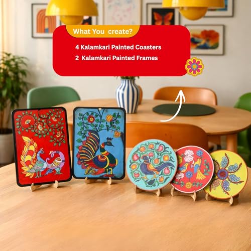 Image of Kores Kalamkari Art Kit for Kids (8-18 Years) | Traditional Indian Art DIY Kit | Paint 4 Coasters & 2 Wall Hangers | 40+ Elements | Creative & Educational Craft Set
