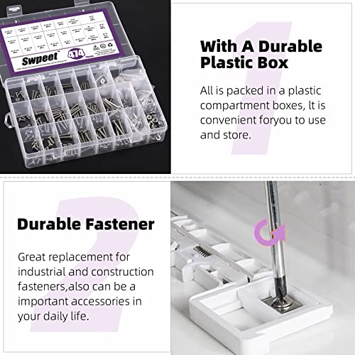 Swpeet 474Pcs #2-56#4-40#6-32 304 SAE Stainless Steel Phillips Pan Head Machine Screws and Nuts Bolts with Flat Washers Assortment Kit, Stainless Steel Screws Hardware Assortment for Home Use
