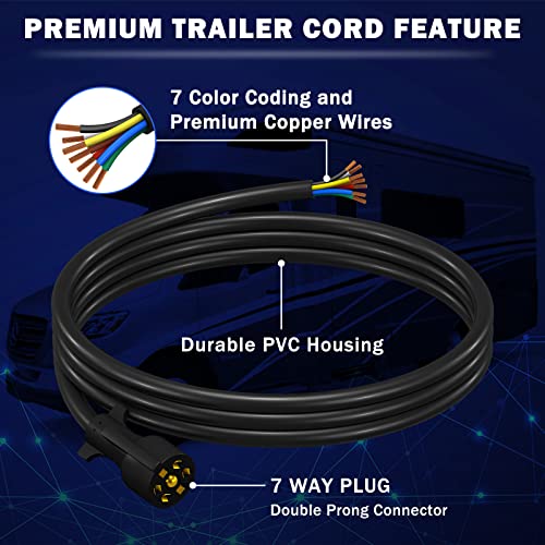 Image of CheeMuii 7 Way Trailer Cord Heavy Duty 8 FT Trailer Wiring Harness Kit 7 Pin Trailer Plug Inline Wire Harness Cable for Trailers RVs Campers