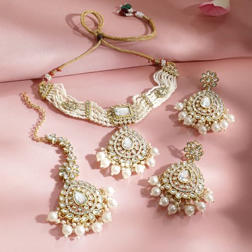 Image of Rubans Necklace Maangtikka Set Gold Plated Kundan & Pearl Jewellery Gift for Women & Girls