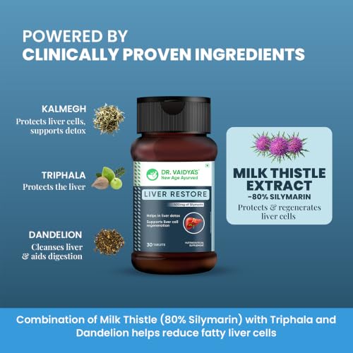 Image of Dr. Vaidya's Liver Restore Tablets with Milk Thistle and Dandelion | 600mg Silymarin | Ayurvedic Liver Detox & Care Supplement | Supports Liver Health, Cleansing, Digestion & Metabolism | 30 Tablets, Pack of 1