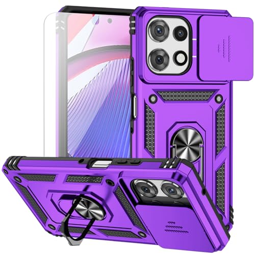 for Moto G Power 2025 Case, with Camera Lens Cover HD Screen Protector, Dual Layer Military-Grade Drop Tested Magnetic Ring Holder Kickstand Protective Phone Case for Moto G Power 2025 (Purple)