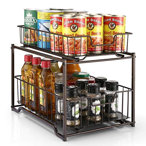 Simple Trending Stackable 2-Tier Spice Rack Kitchen Organizer Cabinet Storage with Sliding Storage Drawer, Bronze