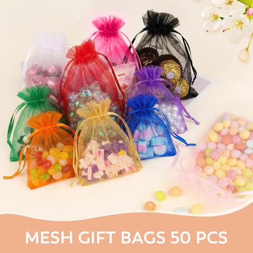 Image of 50PCS Organza Bags 3x4 Multicolor, Small Gift Bags for Jewelry Candy Goodie Treat Sachet, Mesh Gift Bag Drawstring for Wedding Graduation Baby Shower Party Favors, Gifts Wrapping Supplies