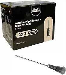 Agulha Hipodérmica Descartável, 30x0,7mm (22G), Estéril, Aço Inoxidável, Compatível com Luer Slip e Lock, Caixa com 100 Unidades