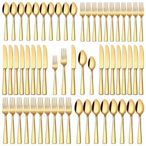 Stapava 60 Pcs Gold Silverware Set Food-Grade Stainless Steel Flatware Sets for 12 Mirror Polished Cutlery Utensil Sets Include Dinner Knives Spoons and Forks Set Dishwasher Safe for Home Restaurant