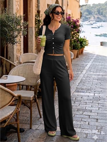 Outfeel Women's 2 Piece Lounge Set Knit Button Ruched Short Sleeve Crop Top Wide Leg Pants with Pockets Casual Travel Outfits Black Small — view 2