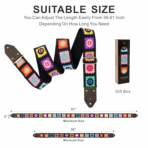 Image of Nefelibata Guitar Strap,Jacquard Embroidery Cotton Guitar Straps with Crazy Horse Leather Ends for Bass, Electric & Acoustic, Best Gifts for Kids, Guitarists(Smiling Black Embroidery)