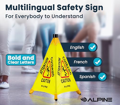 Image of Alpine Caution Wet Floor Sign 6 Pack - Pop Up Slippery When Wet Sign, Wall Mounted Foldable Bilingual Yellow Safety Warning Caution Cone for Commercial & Office Use (20 Inches)
