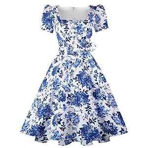 OBBUE Women’s Square Neck Dress Vintage 1950s Cocktail Party Dress with Puff Sleeves