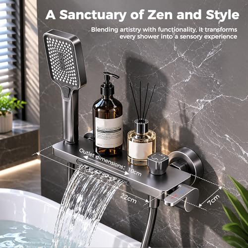 Mitigeur baignoire avec douchette à main cascade 4 modes gris mural