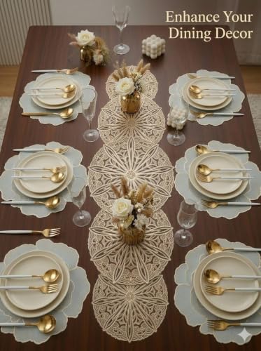Image of Dakshya Industries Dining Table Mats Set of 7 | 6 Round PVC Placemats with Decorative Leaf Runner | Heat Rasistant