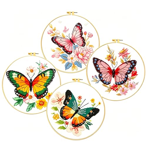 Image of Zhenqing 4 Butterflies Cross Stitch Kit for Beginners, 11CT Printed 20x20cm with Hoop, Floral Butterfly Embroidery Set(68093)