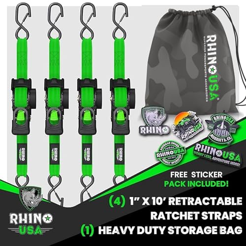 Image of Rhino USA Retractable Ratchet Straps (4-Pack) - 1 Inch x 10 Feet (1,209lb Break Strength) - Auto Self Retracting Tie Down Straps for Truck, Cargo Trailer, Motorcycle, ATV, UTV - Green