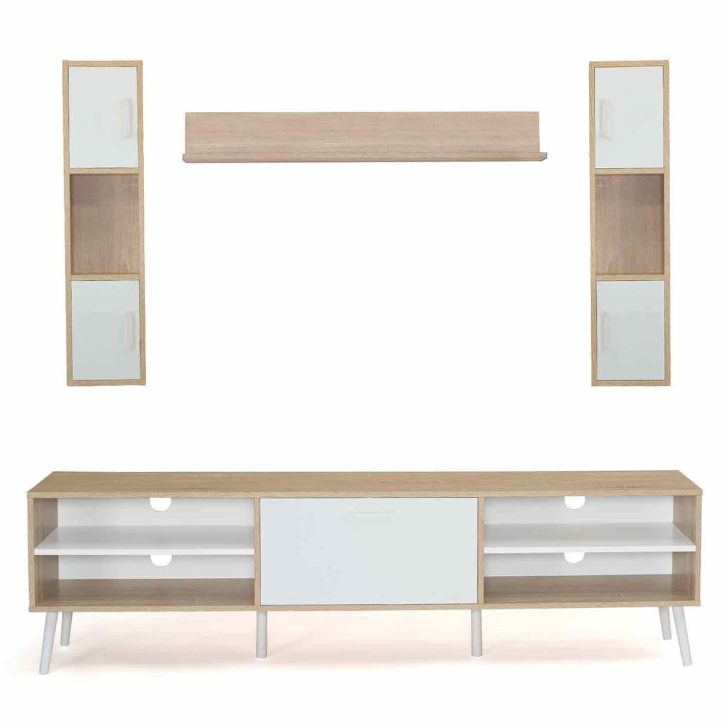 IDMarket - Conjunto de mueble de TV de 180 cm y estantes Houston de madera y blanco