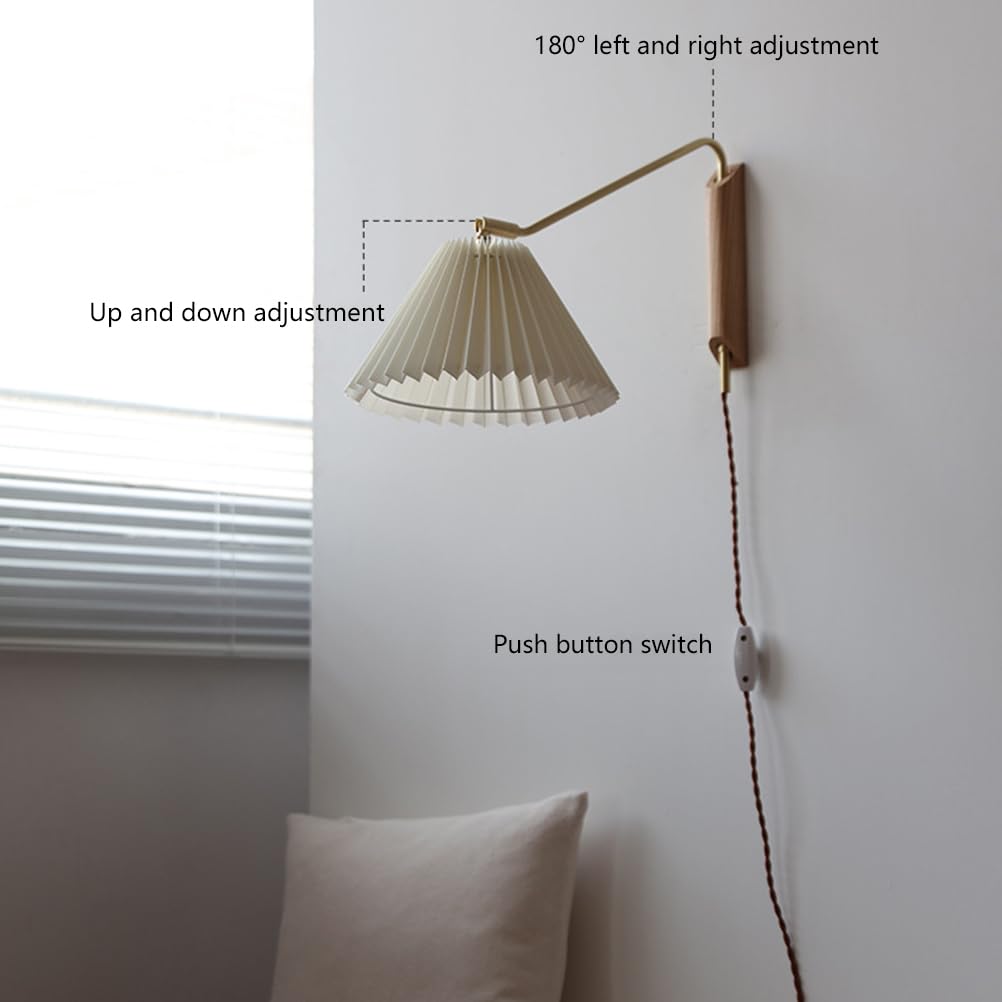 AoLa Messing Wandleuchte mit Schalter und Stecker Schwenkarm Wandlampe Vintage Verstellbar Holz Wandbeleuchtung mit Kabel E27 lnnen Drehbare Lang Arm Leselampe Wand für Schlafzimmer Arbeit Hotel