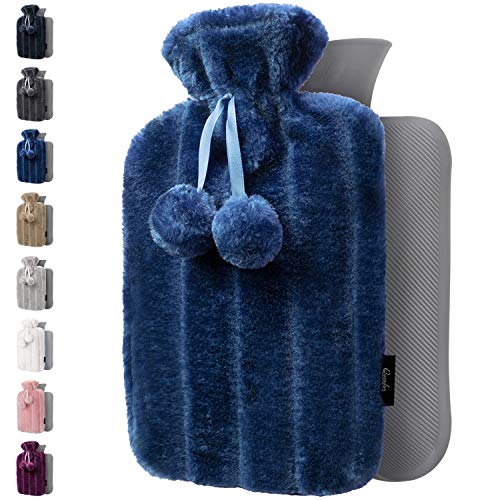 Hot Water Bottle with Soft Cover - 1.8L Large - Hot Water Bag for Pain Relief, Cramps, Back, Neck, Feet, Menstrual Cramps, Baby - Premium Cute Cover - Great Gift for Women (Dark Blue)
