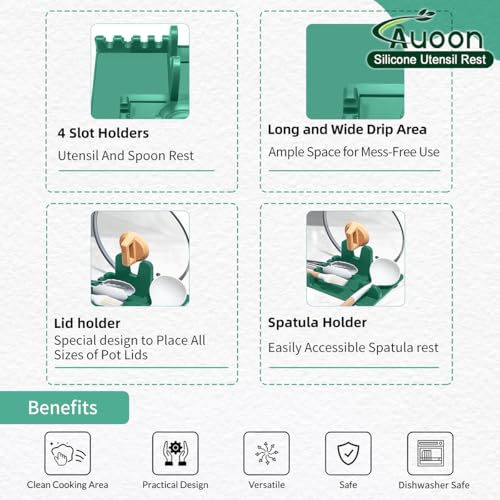 Image of Auoon Silicone Spoon Rest with Lid Holder - 3 in 1 Kitchen Utensil Rest for Soup Ladles, Pot Lids, Spatulas, Spoons, Tongs, BPA Free & Dishwasher Safe, 8.26 x 8.06 Inch (Sea Blue, Large)
