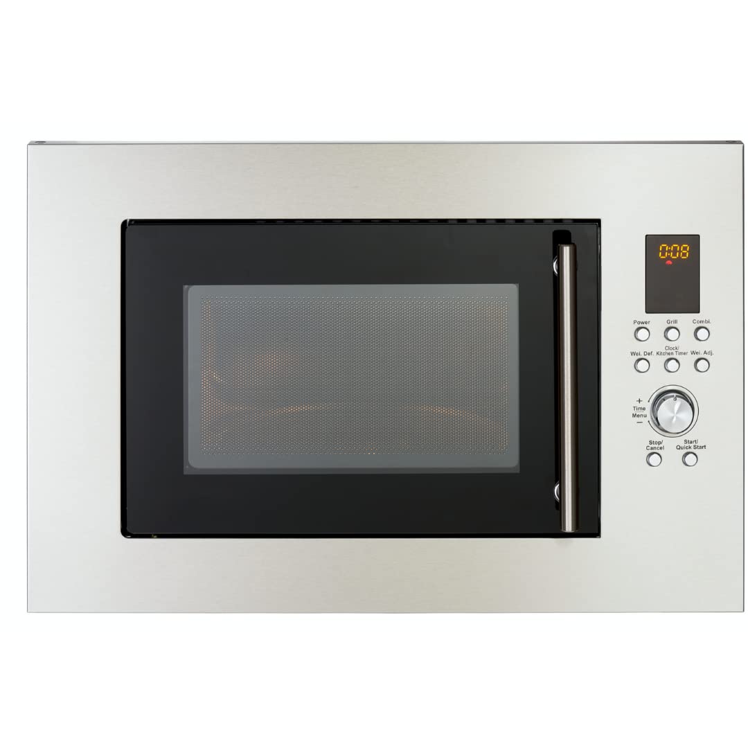 PKM Einbau-Mikrowelle MW900-23G-IN I 900W Mikrowellenleistung I 23L Garraum I 6 Leistungsstufen I 8 Garprogramme IAuftaufunktion I Metall-Gehäuse I Drehteller (24,5cm) I LED-Display I Silber