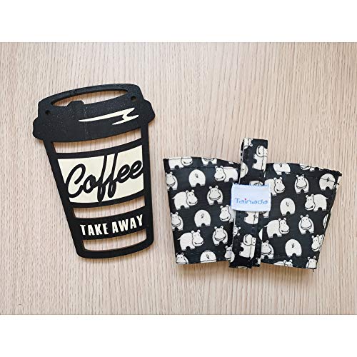 Image of Portable Coffee & Boba Cup Sleeve Strap w /Straw Loop (Hippo Pattern Black)