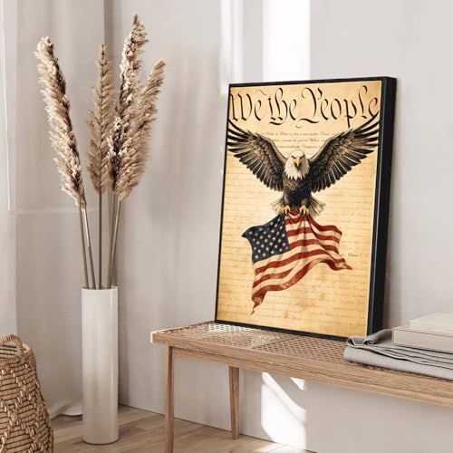Image of American Flag Framed Canvas Wall Art, 4th of July Red White Blue Canvas Prints, USA Flag with Bald Eagle Patriotic Decorations, Vintage Independence Day Wall Decor for Bedroom Living Room 11x14