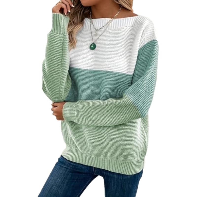 Women's Contrast Color Knitted Pullover Sweater with Round Neck for Autumn and Winter