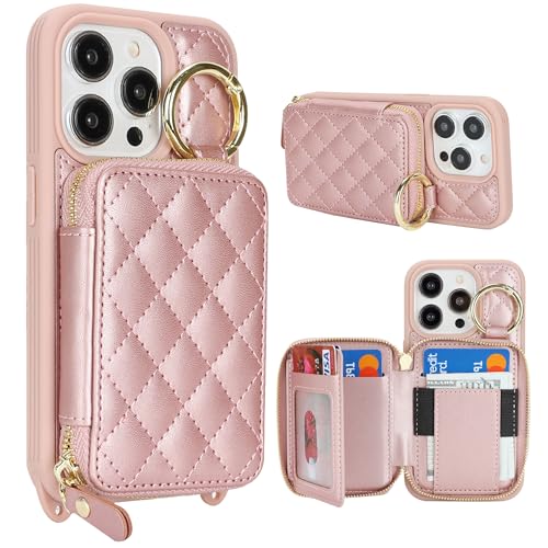 Étui iPhone 15 Pro ELTEKER avec porte-cartes et fermeture éclair rose