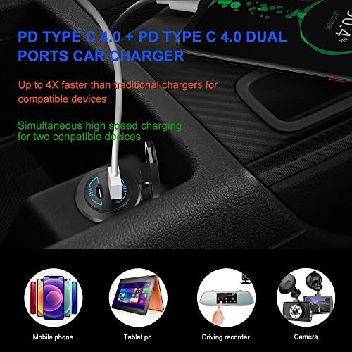 12V PD Type C Outlet, HOKAAER Quick Charge 4.0 Dual PD Power Outlet, Waterproof 12V/24V 120W Type C Car Charger Socket with Dual Ports for Car Marine Boat Bus Golf Cart Motorcycle RV Truck