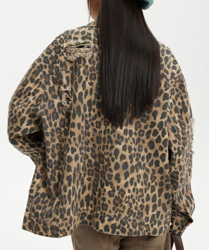 POHADON Womens Y2k Oversized Vintage Leopard Print Denim Jacket Ripped Hole Button Down Long Sleeve Coat with Pockets4