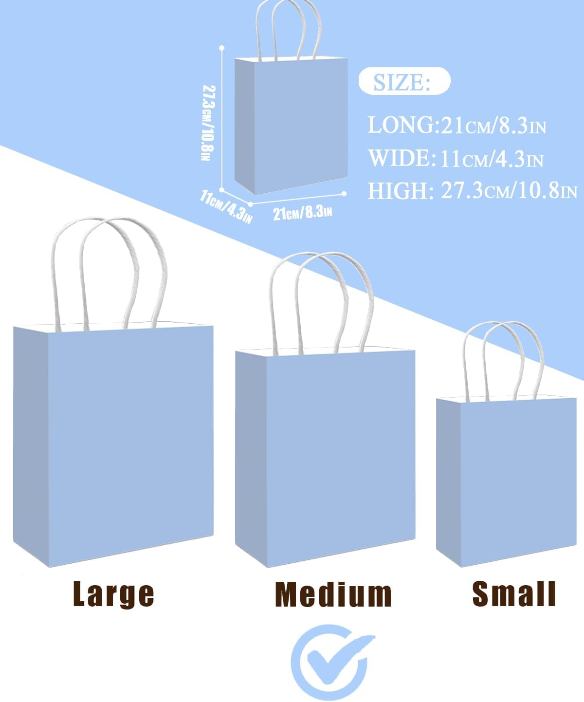 qiqee 100PCS Gift Bag with Handles Bulk Light Blue Paper Bags Multiple Uses (11"x5"x8"inch Medium Size)