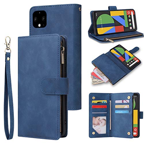 HATA Pixel 4A Wallet case, Pixel 4A Folio Leather Credit Card Zipper Pocket [Magnetic Closure] [Wrist Strap] [Stand] Ultra Slim Wallet Holder for Pixel 4A (Blue, Pixel 4A)